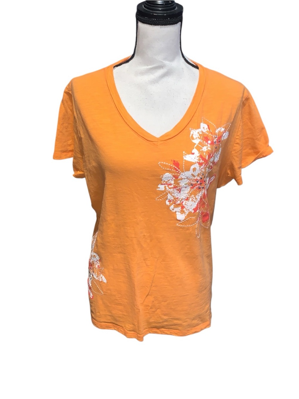 Allyson Whitmore Woman V-Neck Floral Studded Tee Shirt Popsicle Orange